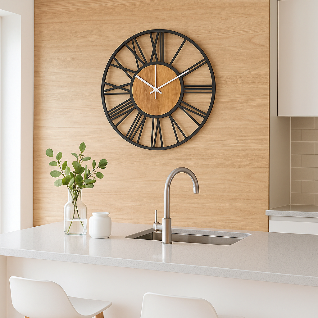 Grande horloge murale |Rustique élégance noire fer et bois cuisine Le Château de la Déco