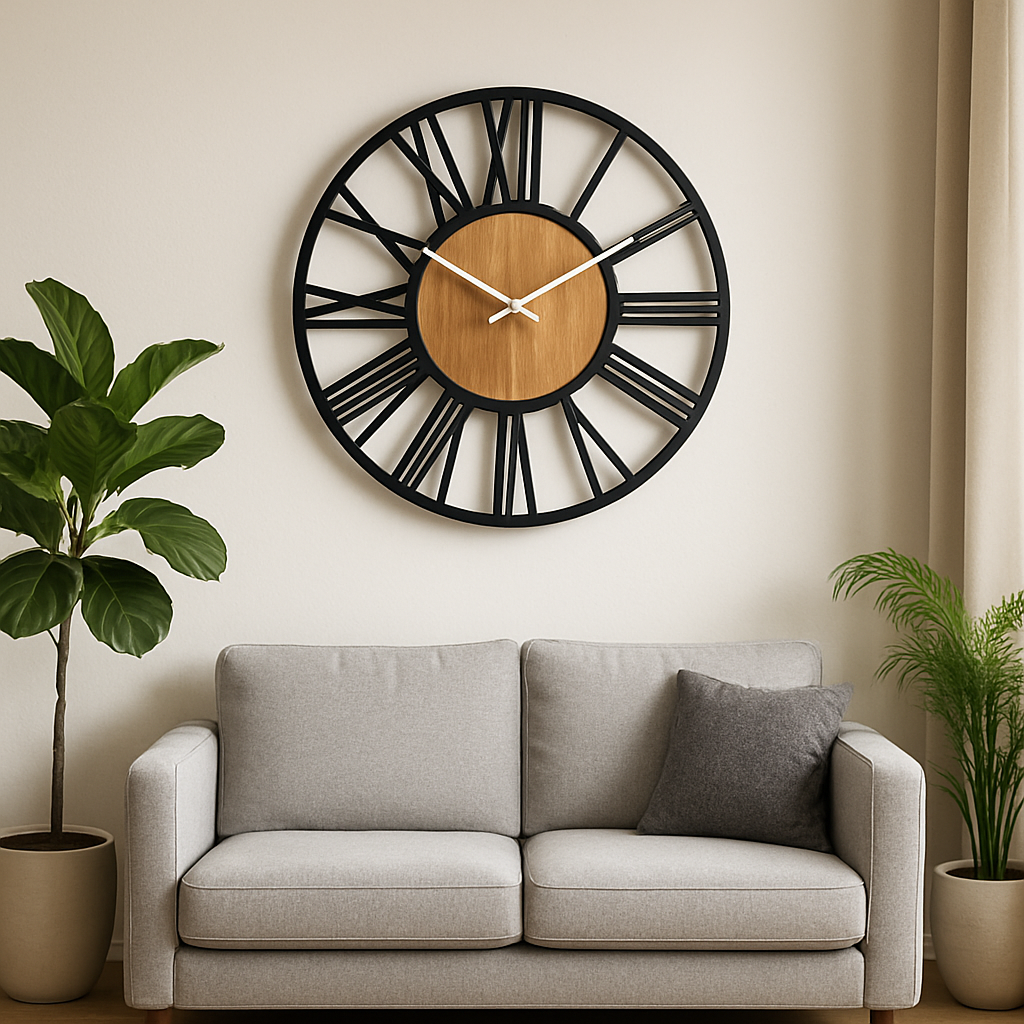 Grande horloge murale |Rustique élégance noire fer et bois salon Le Château de la Déco